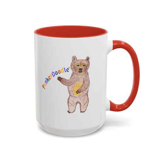 Mug with JJ the bear mascot with the text 'PunkerDoodle®' on a white background with a red interior and red handle.