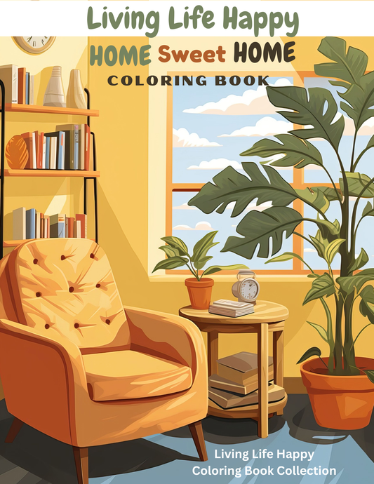 Cover of 'Home Sweet Home' coloring book with a cozy living room illustration.