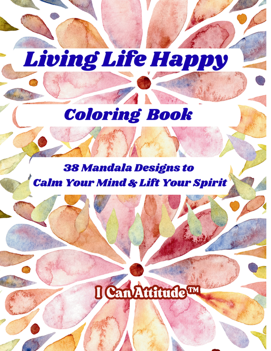 Coloring book cover with mandala designs and text 'Living Life Happy'.