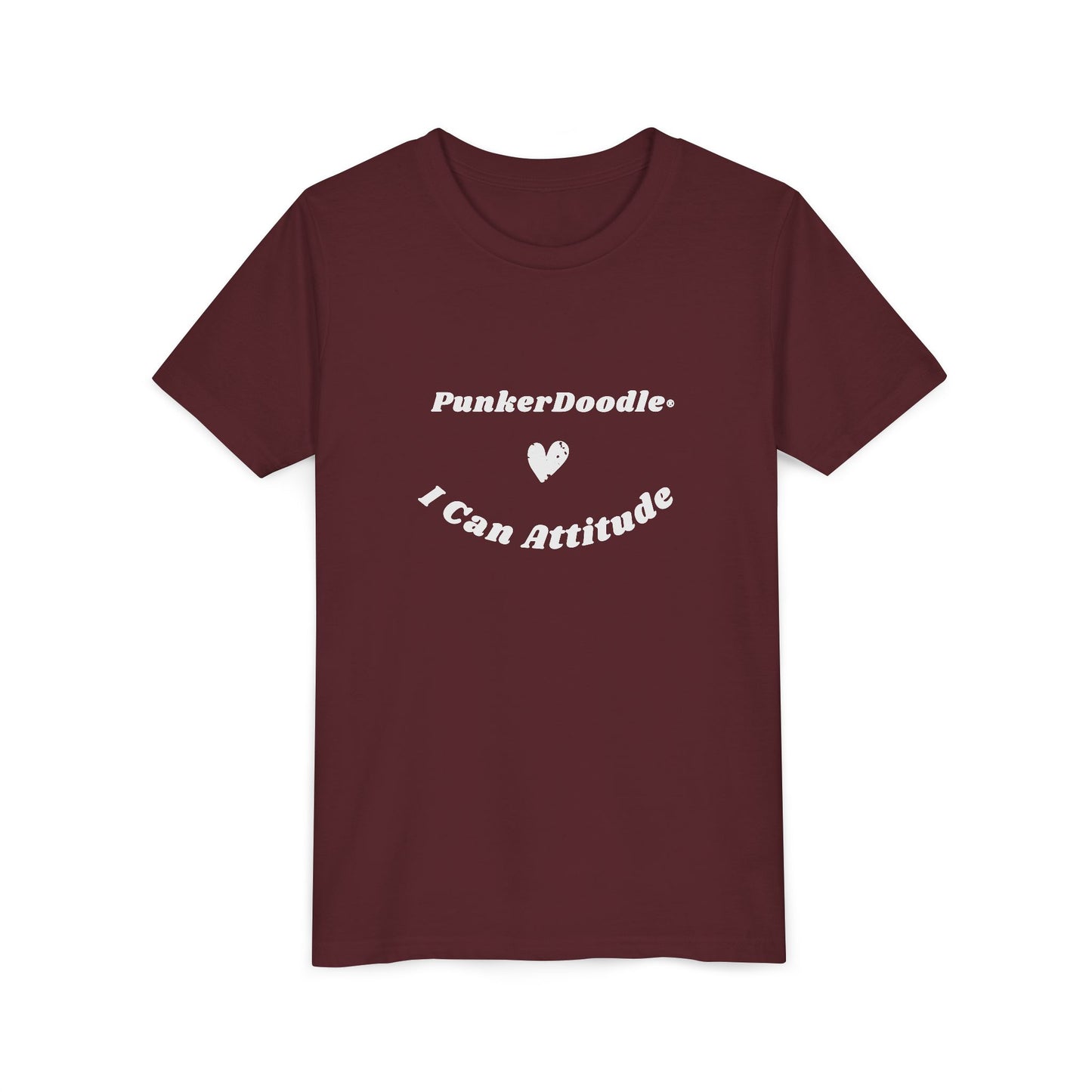 Maroon kids shirt featuring I Can Attitude™ message and heart design by PunkerDoodle®, inspiring self-belief