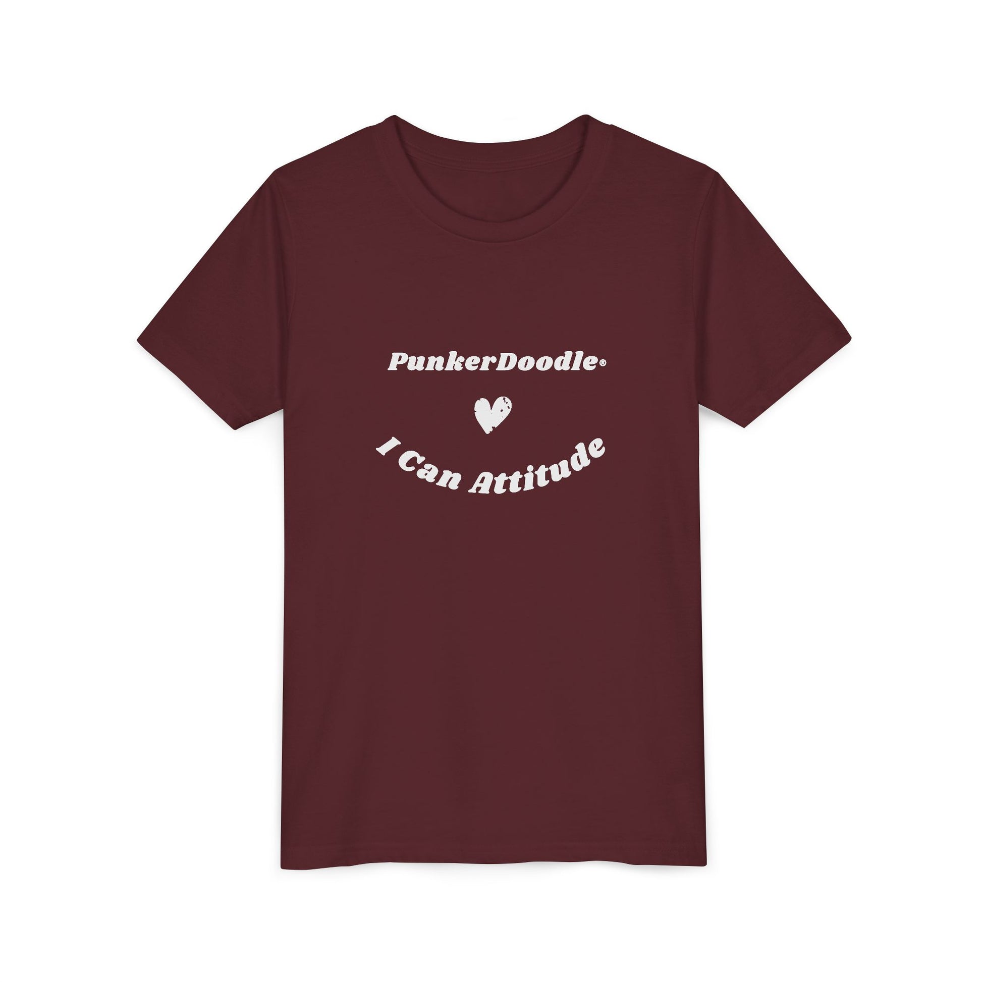 Maroon kids shirt featuring I Can Attitude™ message and heart design by PunkerDoodle®, inspiring self-belief