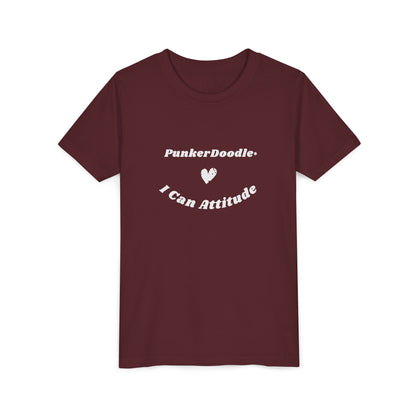 Maroon kids shirt featuring I Can Attitude™ message and heart design by PunkerDoodle®, inspiring self-belief