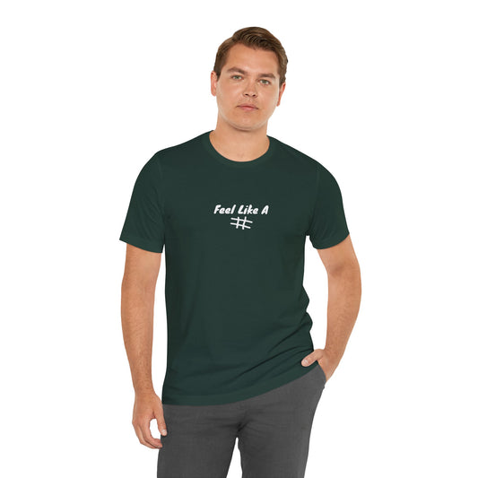 Man wearing a dark green t-shirt with text on a white background