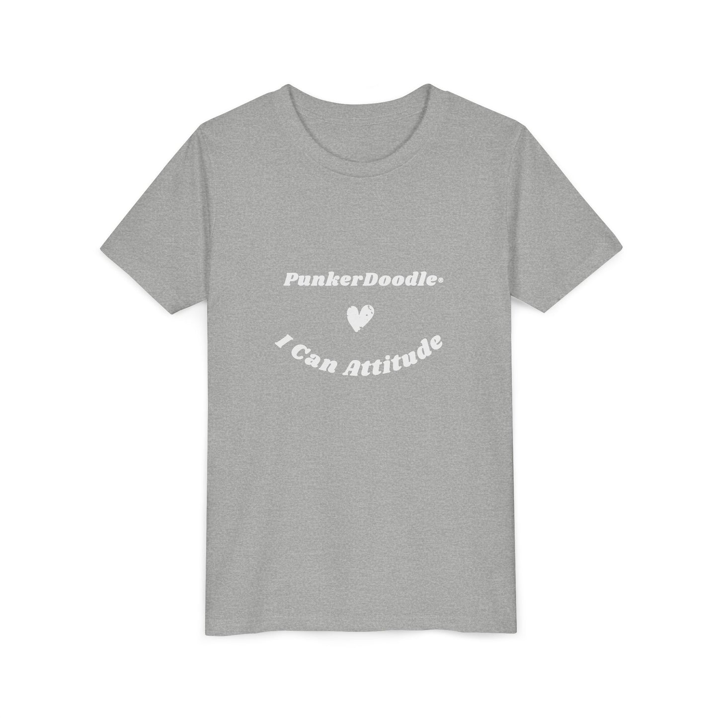 Athletic Heather short sleeve youth tee with I Can Attitude™ message and PunkerDoodle® logo, designed to uplift

