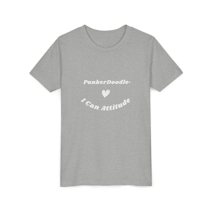 Athletic Heather short sleeve youth tee with I Can Attitude™ message and PunkerDoodle® logo, designed to uplift

