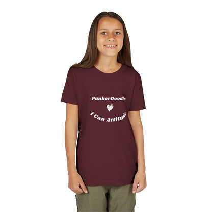 Young model wearing maroon I Can Attitude™ tee by PunkerDoodle®, created to inspire strength and positivity