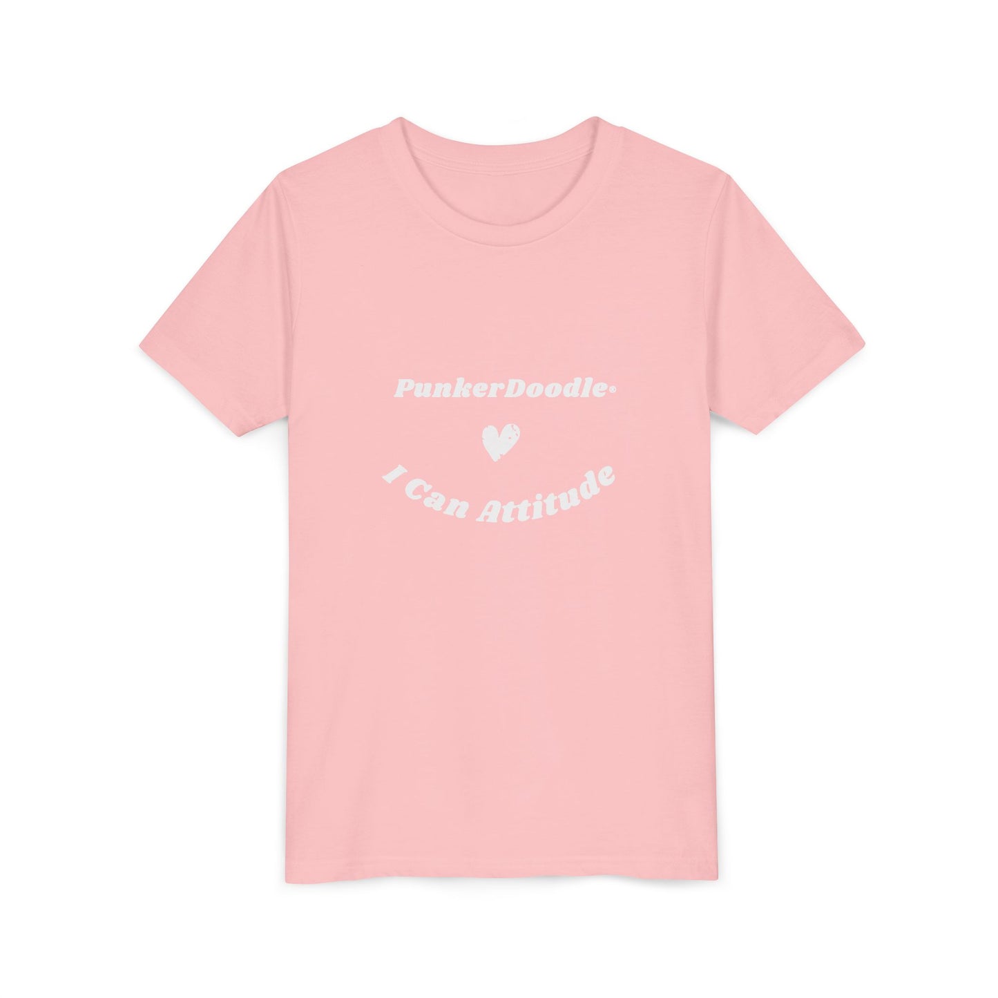 Pink short sleeve kids tee with PunkerDoodle® I Can Attitude™ design promoting courage and kindness