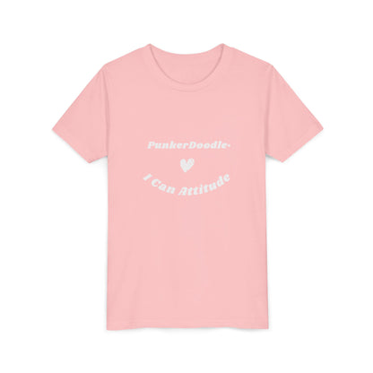 Pink short sleeve kids tee with PunkerDoodle® I Can Attitude™ design promoting courage and kindness