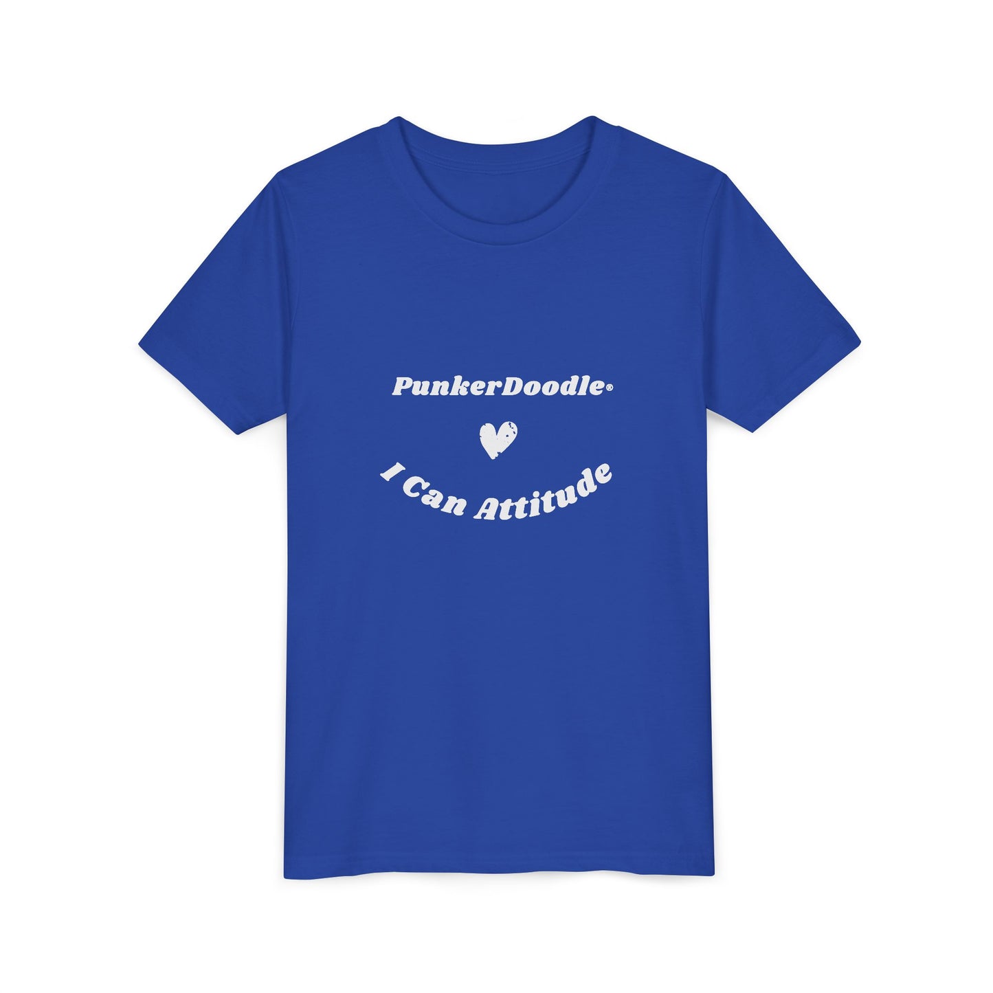 Royal blue youth T-shirt with I Can Attitude™ and PunkerDoodle® heart design, empowering confidence and self-belief