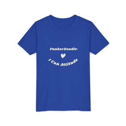Royal blue youth T-shirt with I Can Attitude™ and PunkerDoodle® heart design, empowering confidence and self-belief