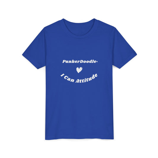Royal blue youth T-shirt with I Can Attitude™ and PunkerDoodle® heart design, empowering confidence and self-belief