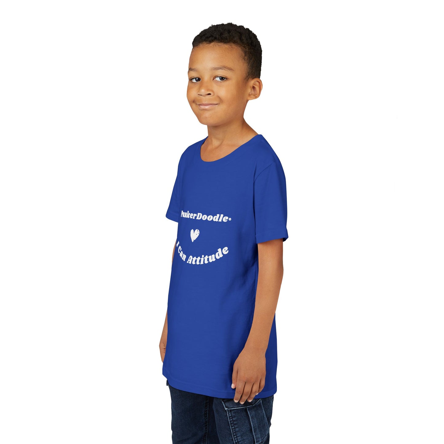 Child modeling royal blue PunkerDoodle® I Can Attitude™ tee, designed to encourage confidence and bold self-expression
